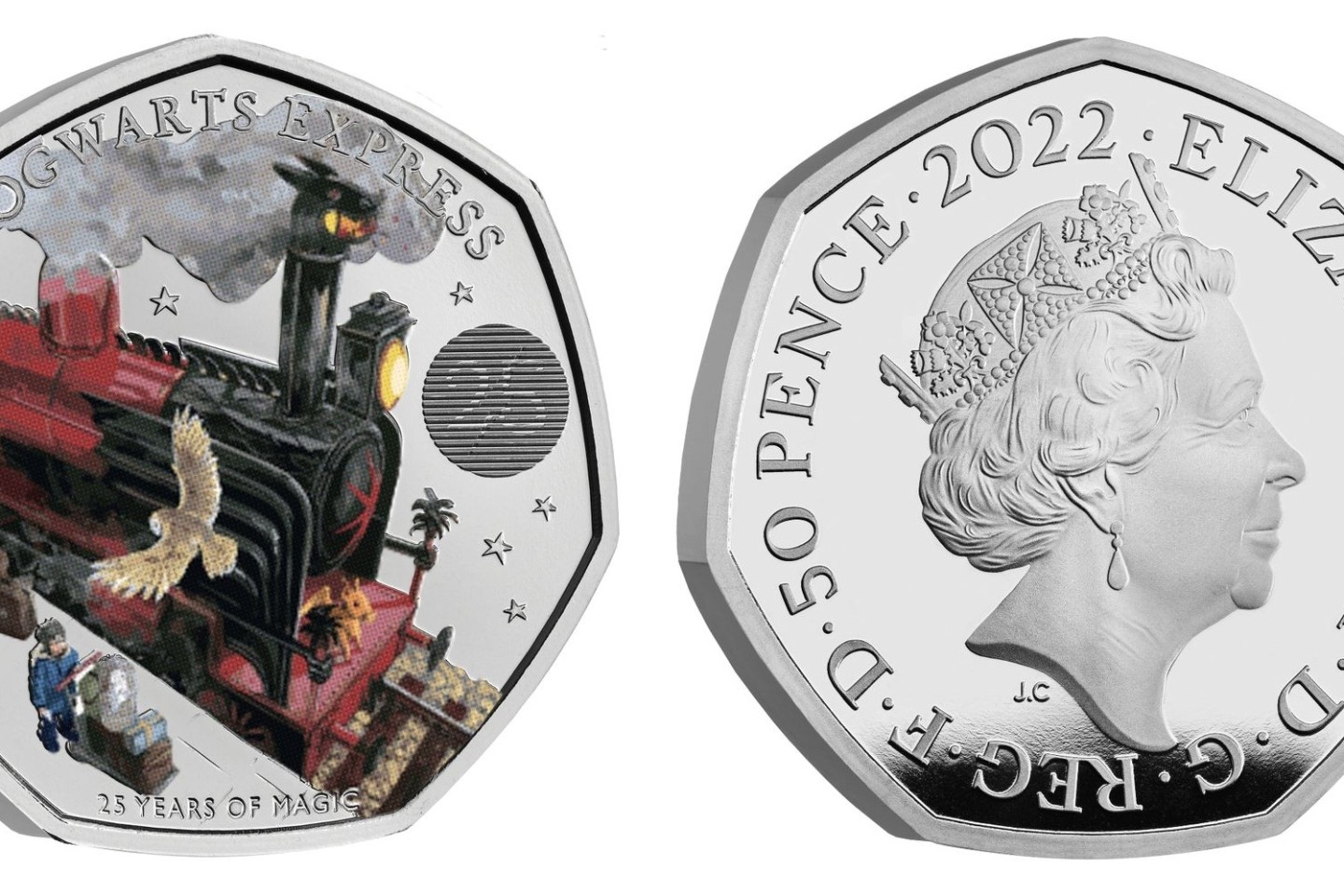 Diese britische 50-Pence-Farbmünze aus der Harry-Potter-Kollektion zeigt den Hogwarts-Express - und auf der Vorderseite das Porträt der britischen Königin Elizabeth II.