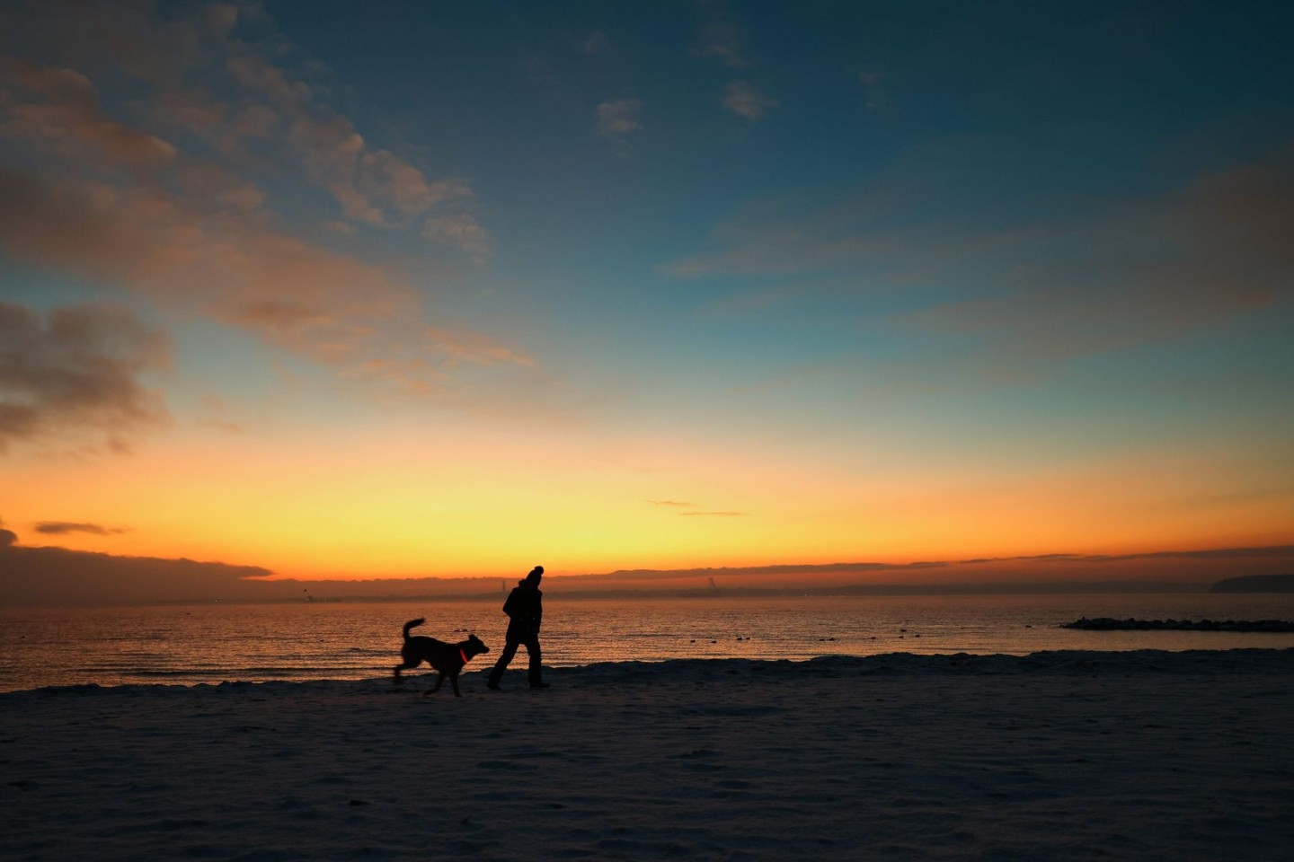 Morgenspaziergang am schneebedeckten Ostseestrand von Strande.