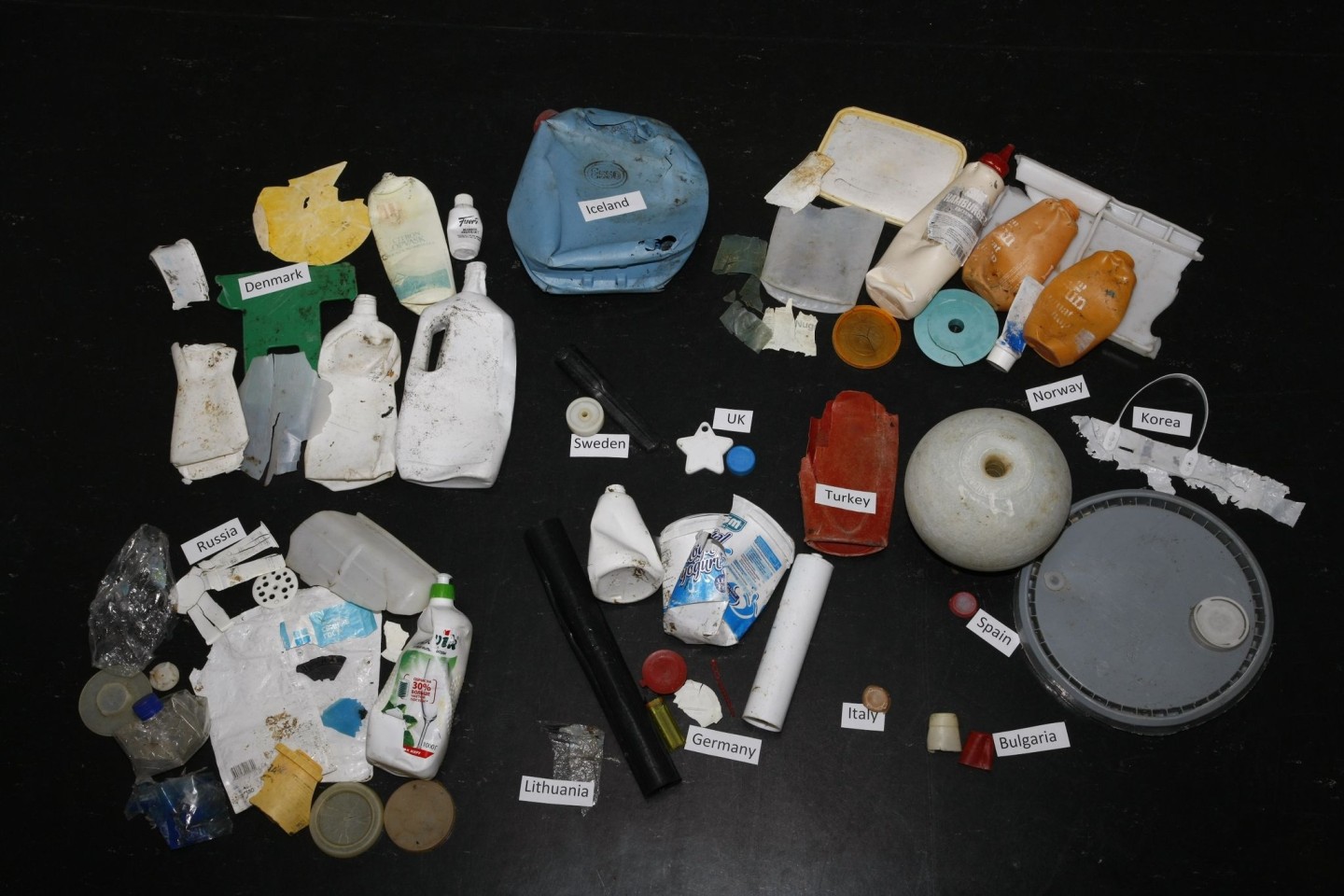 Angeschwemmter Plastikmüll aus der Arktis nach Herkunftsländern sortiert.