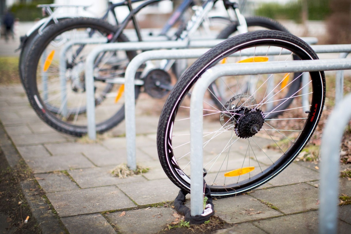 Ein zurückgelassenes Hinterrad von einem Fahrrad steht nach einem Fahrraddiebstahl an einem Fahrradständer.