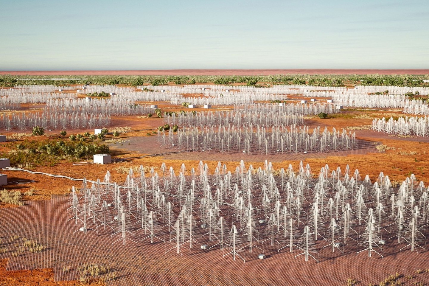 Eine künstlerische Darstellung des «Square Kilometre Array». Nach jahrzehntelangen Planungen und Verhandlungen haben im Outback von Westaustralien die Bauarbeiten für das größte Radiot...